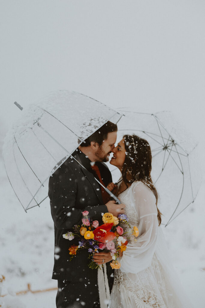 close up of bride and groom under clear umbrellas with large snow flakes falling around them