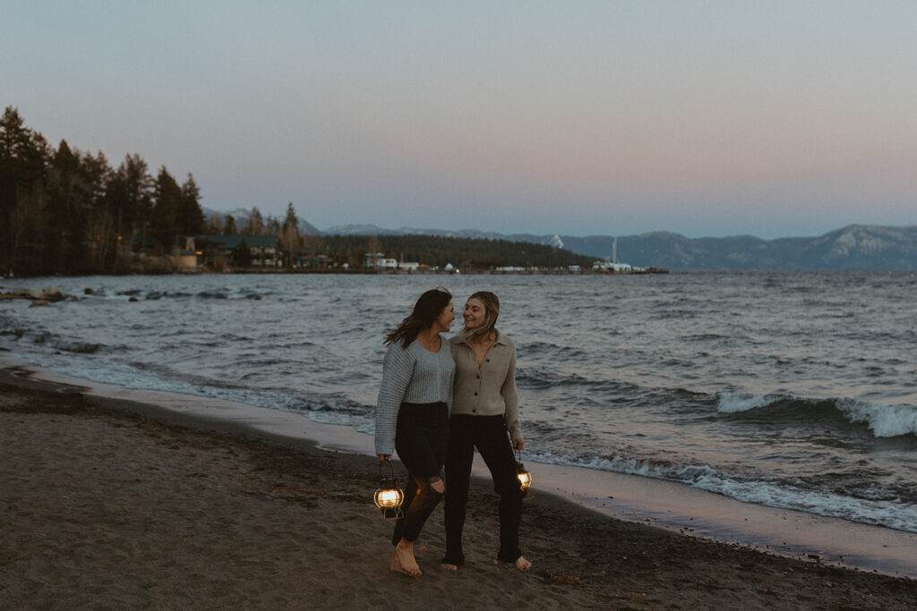 palisades tahoe engagement photoshoot at the beach